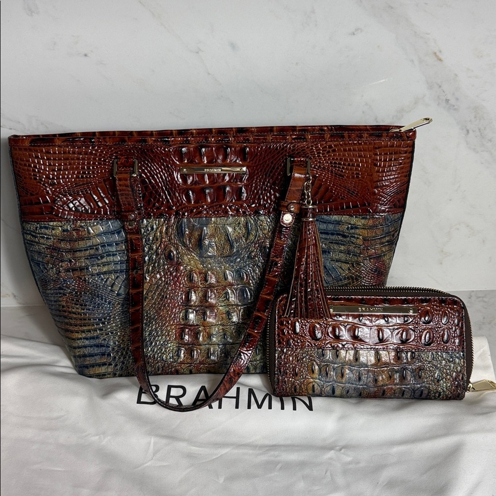 BRAHMIN CEDAR LIVINGSTON Medium Asher Tote & Suri Wallet Croc-Embossed Set
